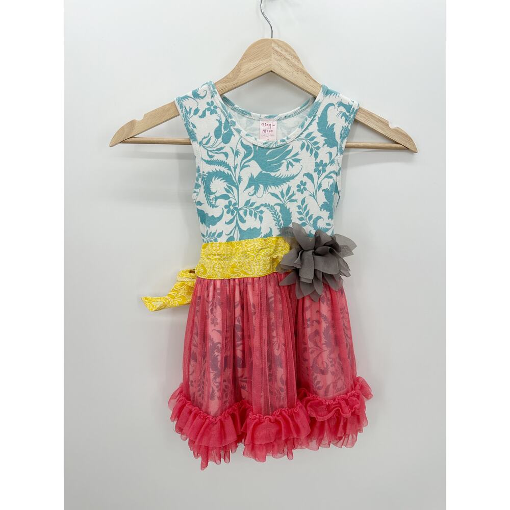 Giggle‎ Moon Girls Ruffle Floral Dress Sleeveless Pink Teal Yellow Size 5 HM10